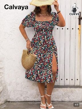 SHEIN Navy Floral Midi Dress with Multicolor Blooms